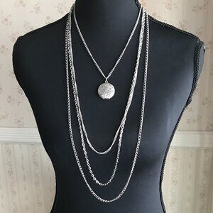 Boho Layered Silver Necklace with Textured Pendant